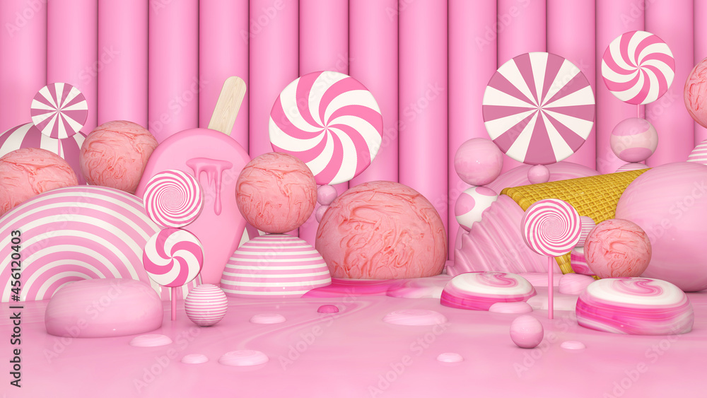 Melted ice cream on Room floor. Summer time. 3D illustration, 3D rendering Melted ice cream on Room floor. Summer time. 3D illustration, 3D rendering