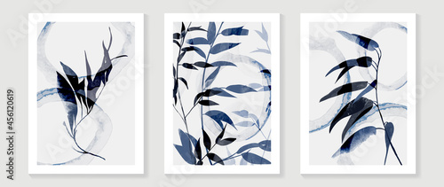 Tropical blue botanical wall art vector. Abstract art background with leaves and watercolor hand painting design for wall decor, poster and wallpaper.