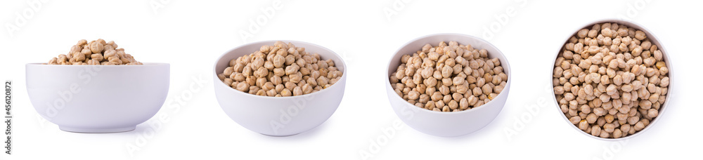 set of chickpeas or grams, also known as garbanzo beans or egyptian pea, in a bowl, vegetarian food isolated on white background, taken in different angles set of chickpeas or grams, also known as garbanzo beans or egyptian pea, in a bowl, vegetarian food isolated on white background, taken in different angles