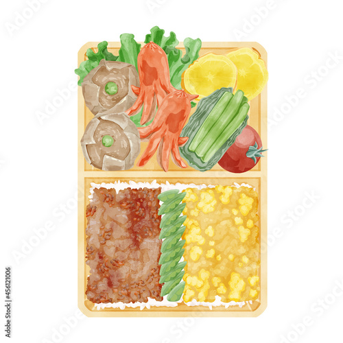 日本の2色そぼろ弁当手書き水彩風イラスト