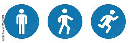 Conjunto de Icono de hombre de pie, caminando y corriendo. De pie, caminar y correr. Concepto de postura del cuerpo. Ilustración vectorial, estilo círculo azul