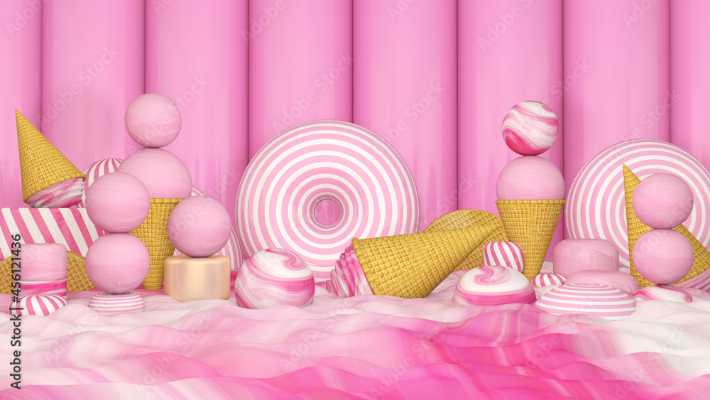 Melted ice cream on Room floor. Summer time. 3D illustration, 3D rendering	
