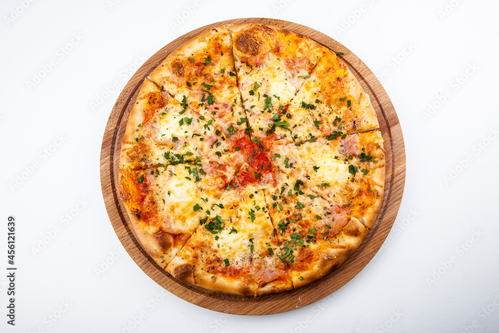 italian pizza on wooden board with white background
italian pizza on wooden board with white background