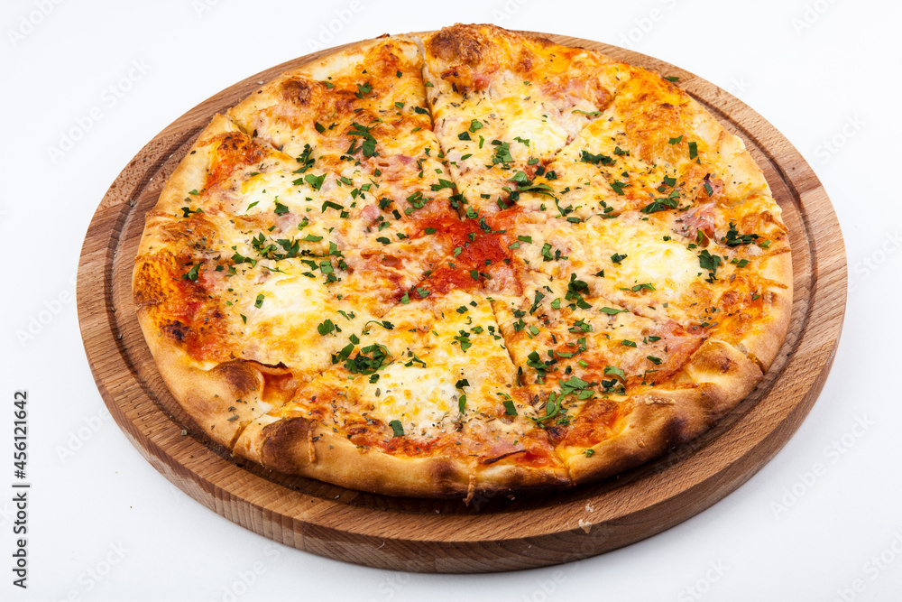 italian pizza on wooden board with white background
