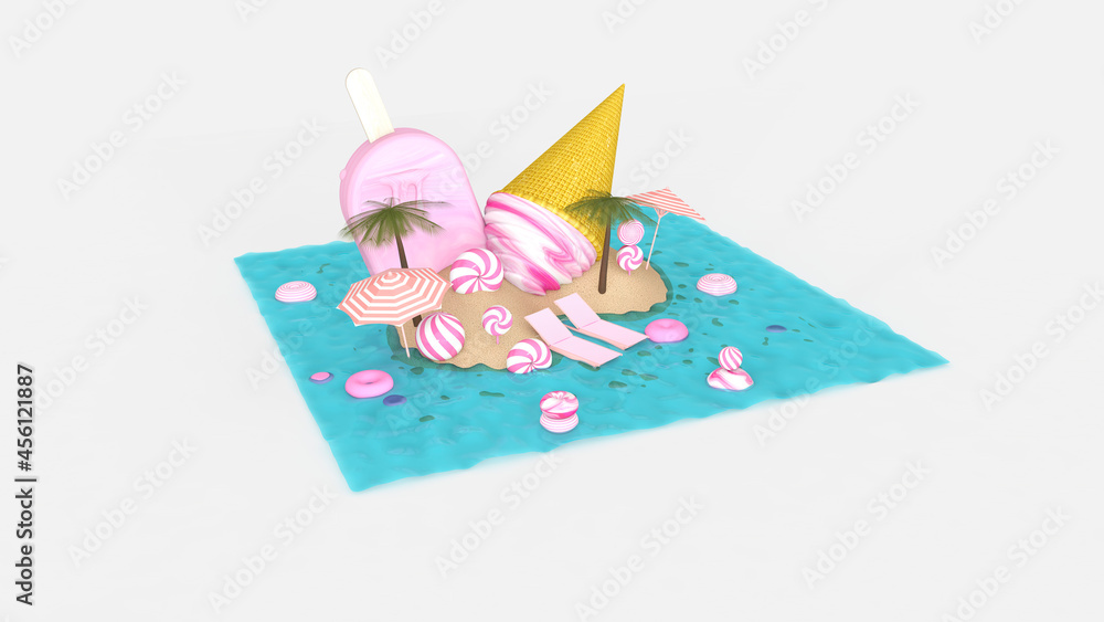 Melted ice cream on Room floor. Summer time. 3D illustration, 3D rendering	
