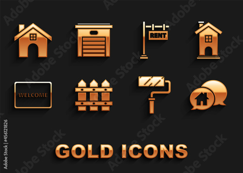 Set Garden fence wooden, Home symbol, House building in speech bubble, Paint roller brush, Doormat with the text Welcome, Hanging sign Rent, and Garage icon. Vector