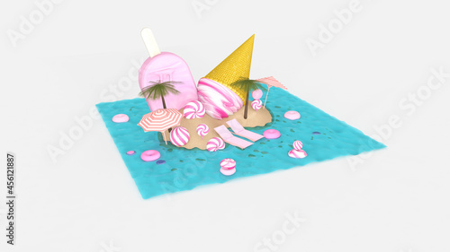 Melted ice cream on Room floor. Summer time. 3D illustration, 3D rendering 