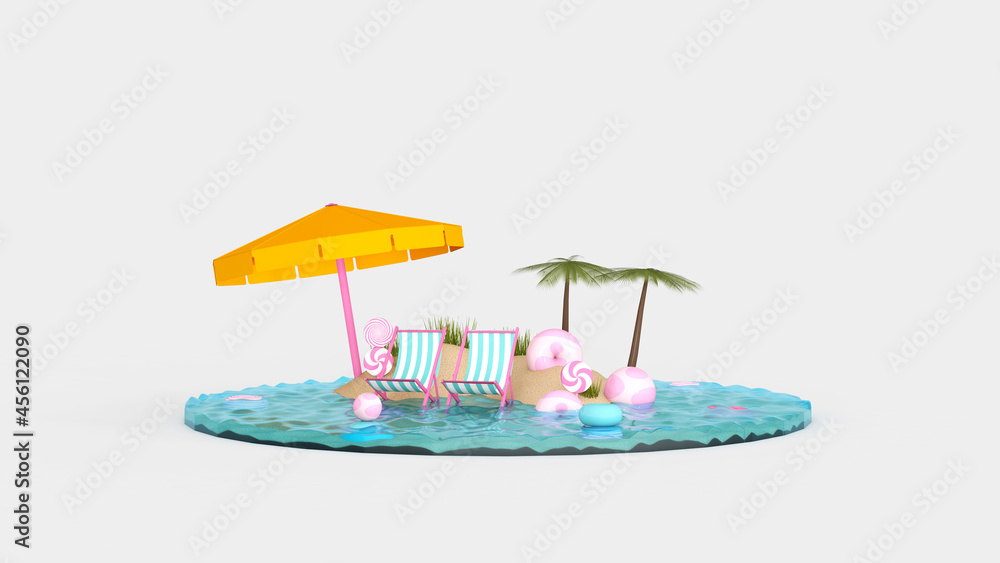 Obraz premium Summer with water play equipment placed on the beach. summer time. 3D illustration, 3D rendering 
