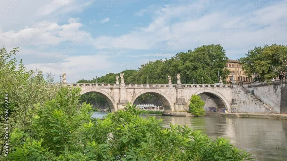 bridge hyperlapse by the Tibre river in front Castel Sant'Angelo and the famous bridge in Parco Adriano, Rome, Italy. bridge hyperlapse by the Tibre river in front Castel Sant'Angelo and the famous bridge in Parco Adriano, Rome, Italy.