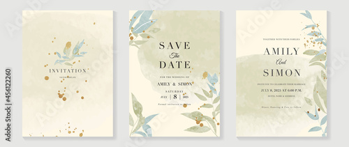 Luxury wedding invitation card background  with golden line art flower and botanical leaves  Organic shapes  Watercolor. Abstract art background vector design for wedding and vip cover template.