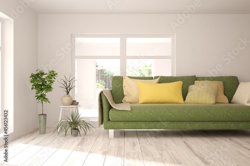 White living room with sofa. Scandinavian interior design. 3D illustration