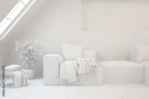 White minimalist living room with sofa. Scandinavian interior design. 3D illustration