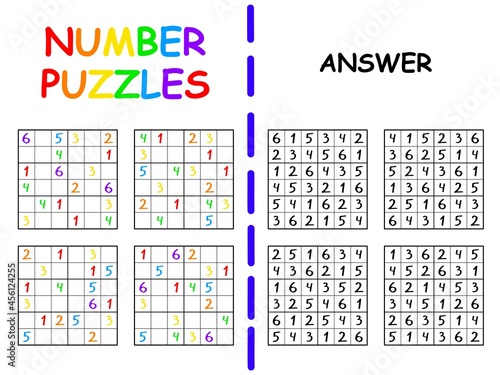Sudoku collection with answers for beginners vector illustration. Simple colorful sudoku 6 by 6 printable activity page for children