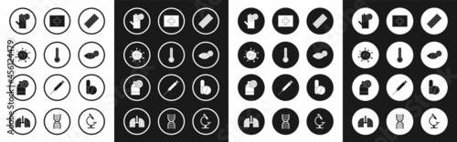 Set Pills in blister pack, Medical thermometer, Virus, Hand with virus, Reddish eye due to, First aid kit, Medicine pill or tablet and Bottle icon. Vector