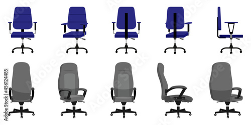 Modern beautiful office chair and armchair set with different poses and color isolated on white background