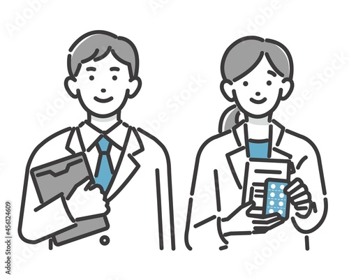 
白衣を着て薬やバインダーを持つ薬剤師のバストアップのベクターイラスト素材／医者／医療従事者