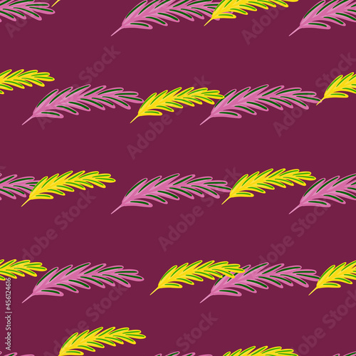 Botany seamless pattern with lilac and yellow rosemary silhouettes. Ingredient print. Purple background.