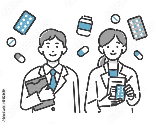 白衣を着て薬やバインダーを持つ薬剤師のバストアップのベクターイラスト素材／医者／医療従事者