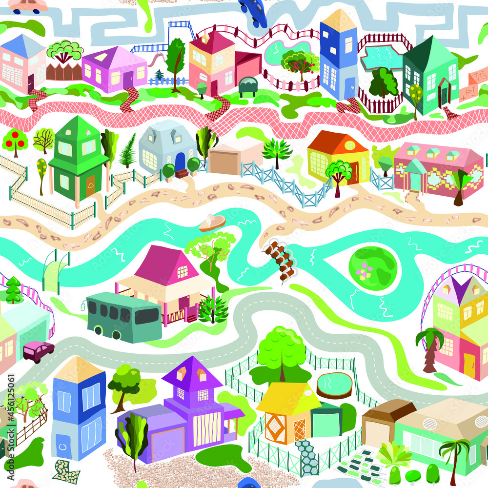 Houses with roads, a river, cars. Seamless pattern. Summer cartoon background with houses.