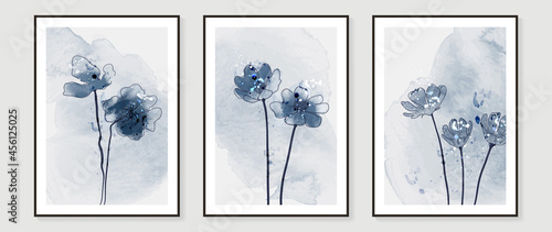 Blue flower watercolor art triptych wall art vector. Abstract art background with sweet orange and pink Floral Bouquets, Wildflower and leaf  hand paint design for wall decor, poster and wallpaper.