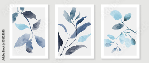 Tropical blue botanical wall art vector. Abstract art background with leaves and watercolor hand painting design for wall decor, poster and wallpaper.