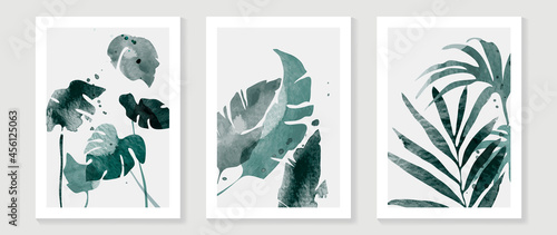 Tropical blue botanical wall art vector. Abstract art background with leaves and watercolor hand painting design for wall decor, poster and wallpaper.