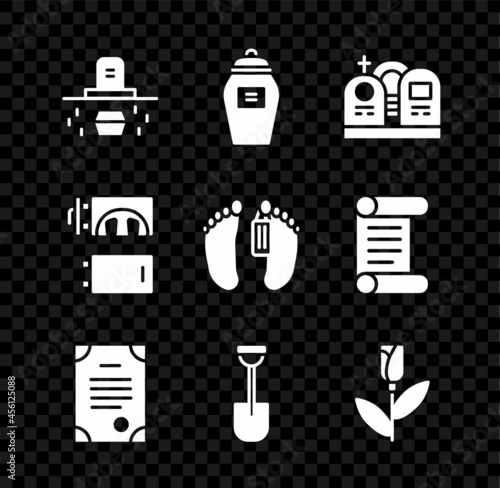 Set Grave with coffin, Funeral urn, tombstone, Death certificate, Shovel, Flower rose, Crematorium and Dead body icon. Vector