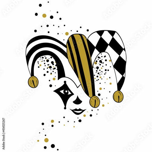 Vector illustration of clown harlequin. Joker in Jester's hat.