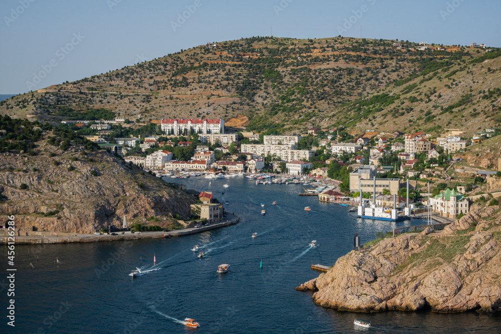 Balaklava bay, Bella Chiava, Beautiful harbor in Crimea. Panorama of the entrance to the Balaklava Bay.