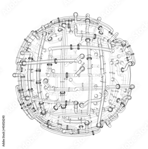 Pipes with flanges around a large sphere. Vector