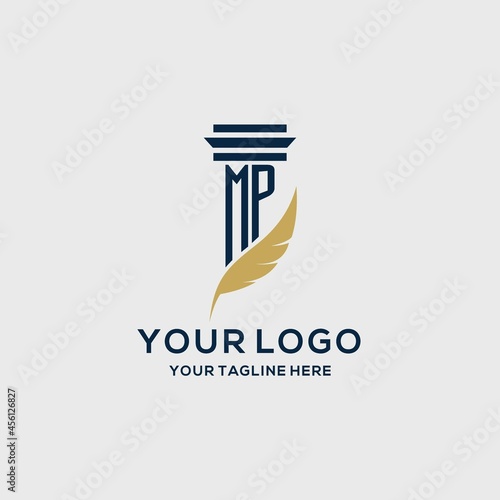 MP monogram initial logo with pillar and feather design