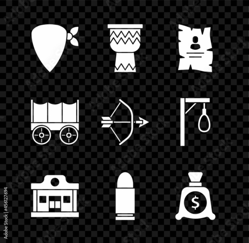 Set Cowboy bandana, Drum, Wanted western poster, Wild saloon, Bullet, Money bag, covered wagon and Bow arrow in quiver icon. Vector