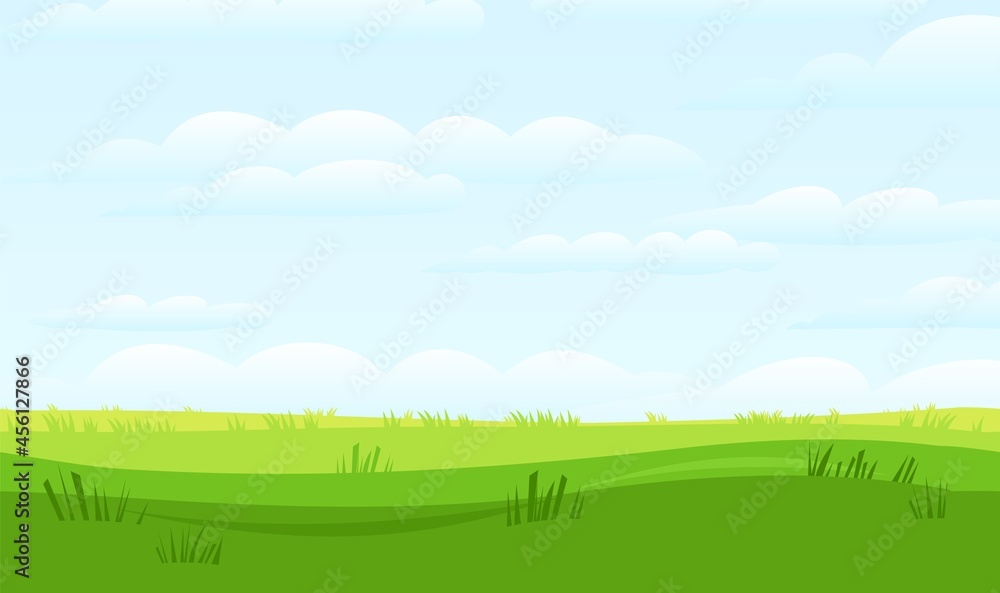 Silhouette of the grass. Seamless image. Summer green meadow. Rural simple and cute landscape. Blue sky. Horizontal natural illustration. Vector
