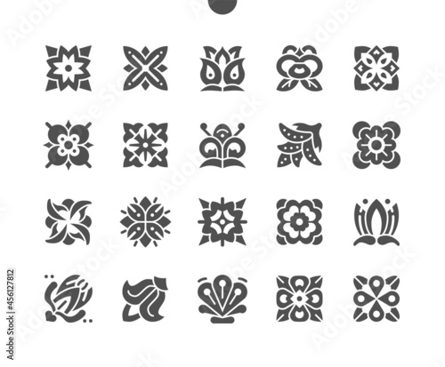 Floral Embroidery. Pattern, embroidery, flower, decor, fabric, style and traditional. Beautiful ornament. Vector Solid Icons. Simple Pictogram