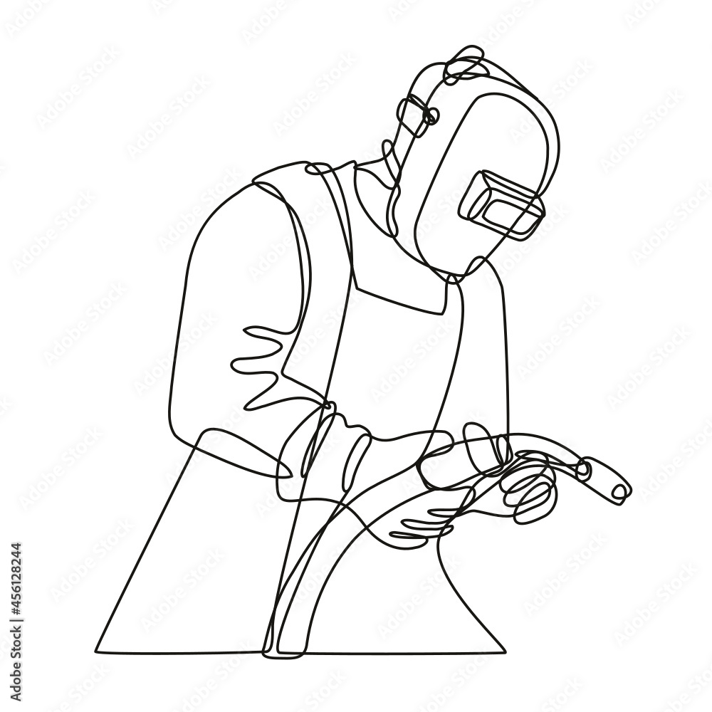 Continuous line drawing illustration of a Mig welder with visor holding welding torch done in mono line or doodle style in black and white on isolated background.  - obrazy, fototapety, plakaty 