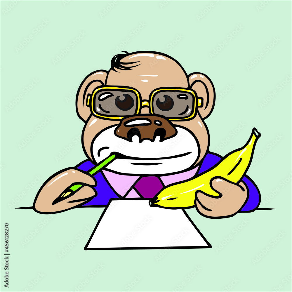 The monkey is a psychiatrist with a banana in his hand carefully listens to your Association.
