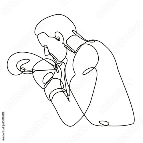 Continuous line drawing illustration of a boxer jabbing boxing side view done in mono line or doodle style in black and white on isolated background. 
