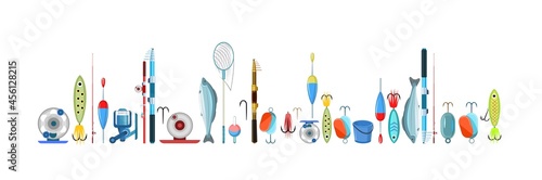 Fishing accessories. Including fish. A variety of items complete set. Isolated on white background. Bottom border. Vector