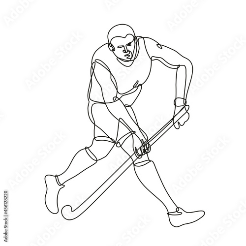 Continuous line drawing illustration of a field hockey running with hockey stick done in mono line or doodle style in black and white on isolated background.  photo