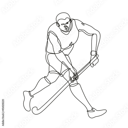 Continuous line drawing illustration of a field hockey running with hockey stick done in mono line or doodle style in black and white on isolated background. 