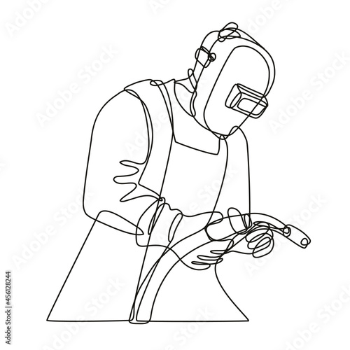 Continuous line drawing illustration of a Mig welder with visor holding welding torch done in mono line or doodle style in black and white on isolated background. 