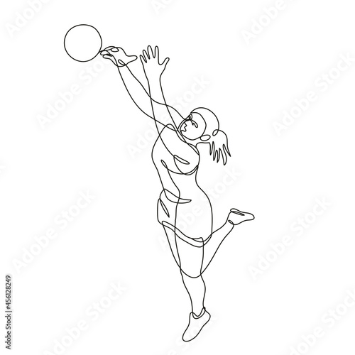 Continuous line drawing illustration of a netball player Rebounding and Catching the ball done in mono line or doodle style in black and white on isolated background.  © patrimonio designs