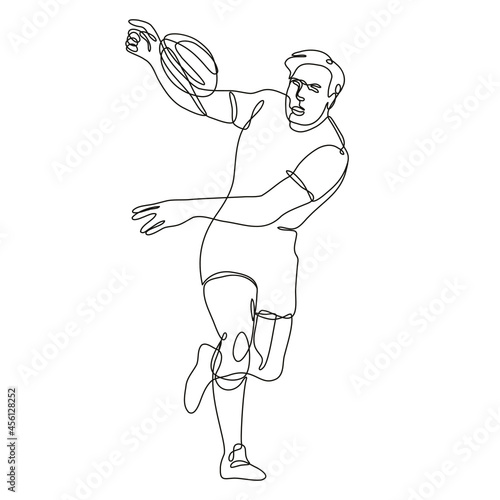 Continuous line drawing illustration of a rugby union player running passing ball front view done in mono line or doodle style in black and white on isolated background. 