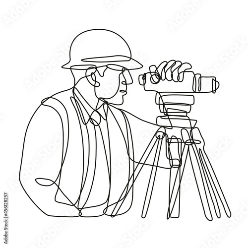 Continuous line drawing illustration of a geodetic surveyor using a theodolite side view done in mono line or doodle style in black and white on isolated background. 