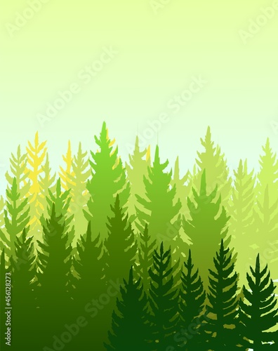 Forest background. Silhouette foggy panorama. Landscape with trees. Conifers. Beautiful view. Summer scene. Illustration vector