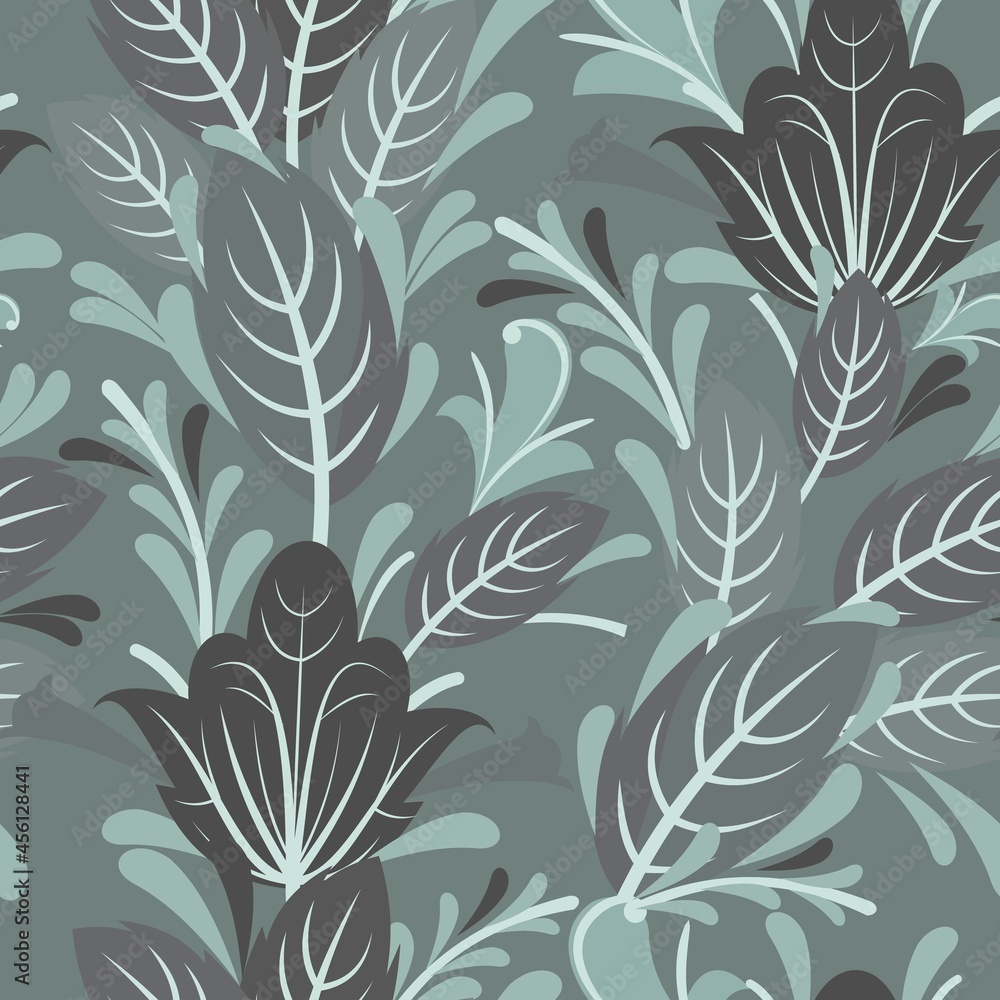 Silver vegetable seamless pattern. Cool ornament. Dark. Interlacing of branches and flowers. Background illustration. Elegant fashionable. Flat cute symbolic style. Vector