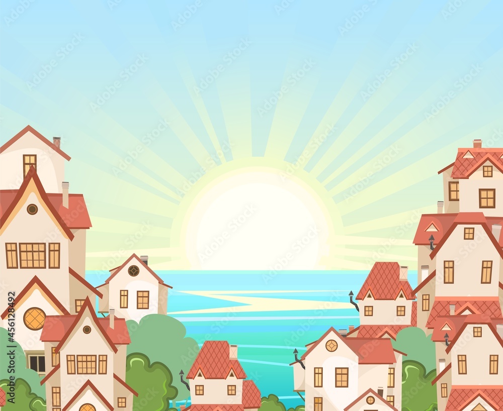Cozy coastal resort town. A beautiful city by the sea. Traditional houses with red roofs. Seascape with sea horizon. Illustration in a flat style. Vector.