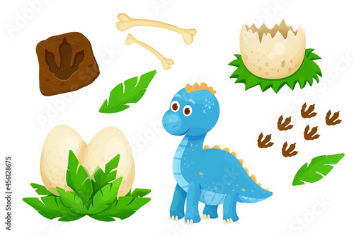 Fototapeta Naklejka Na Ścianę i Meble -  Set cute baby dinosaurs with dino egg, footprint, jurassic leaves and bones in cartoon style childish decoration isolated on white background. Ancient wild characters.
