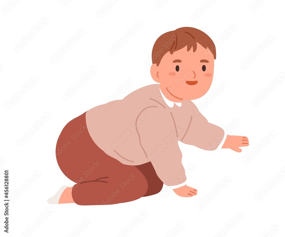 Happy smiling baby start crawling. Cute little kid trying to move on his hands and knees. Joyful child portrait. Adorable joyous boy. Flat vector illustration isolated on white background