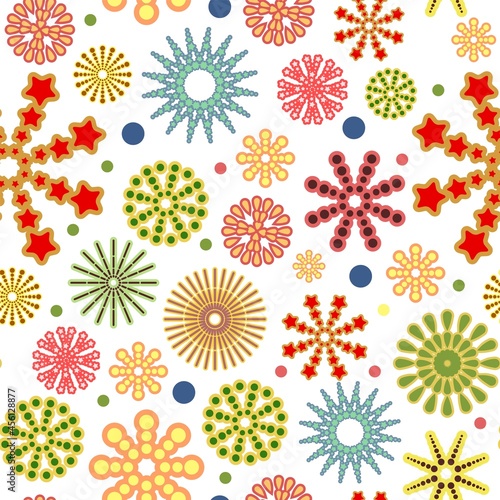 Festive background. Square Seamless pattern. Bright flashes of fireworks in a symbolic style. Petard and squib. Flat design. Cartoon style. Isolated Vector